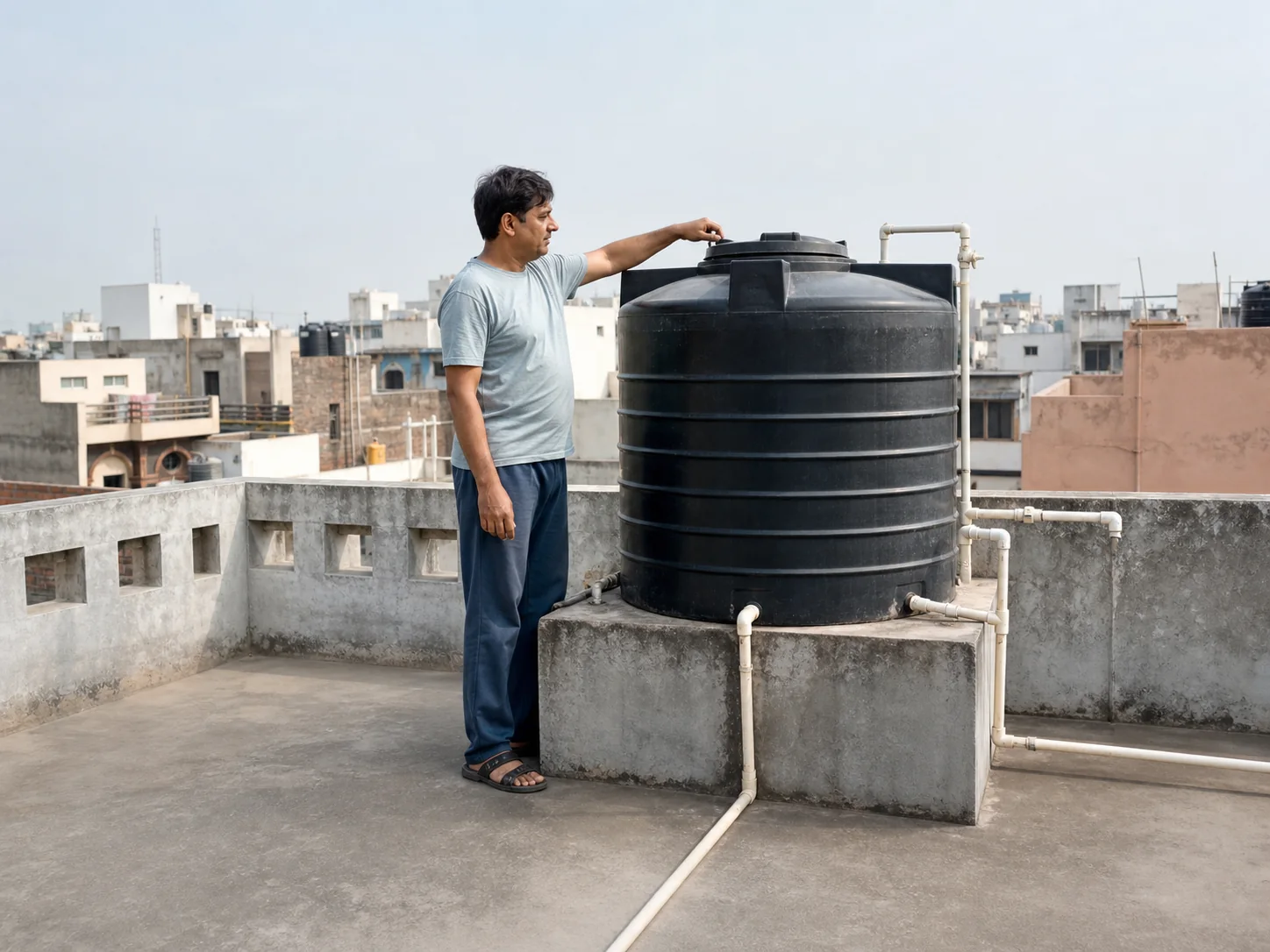 Indian homeowner safely checking an overhead water tank on a residential rooftop