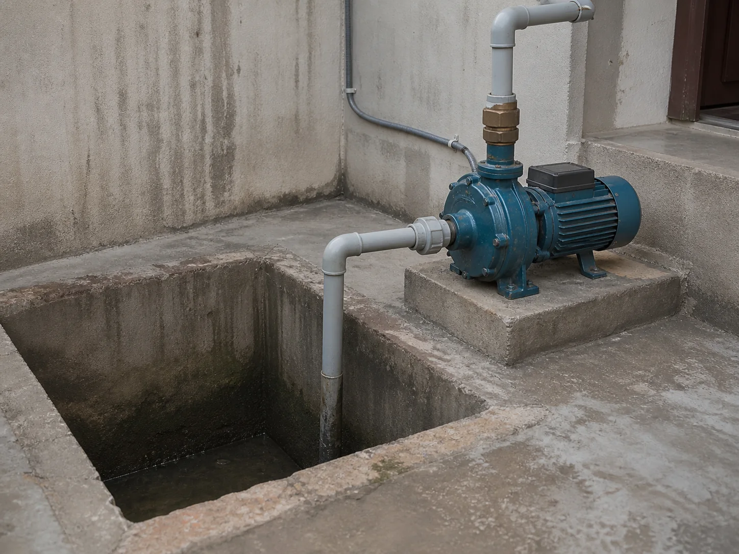 Connected household water pump beside a source sump with insufficient water