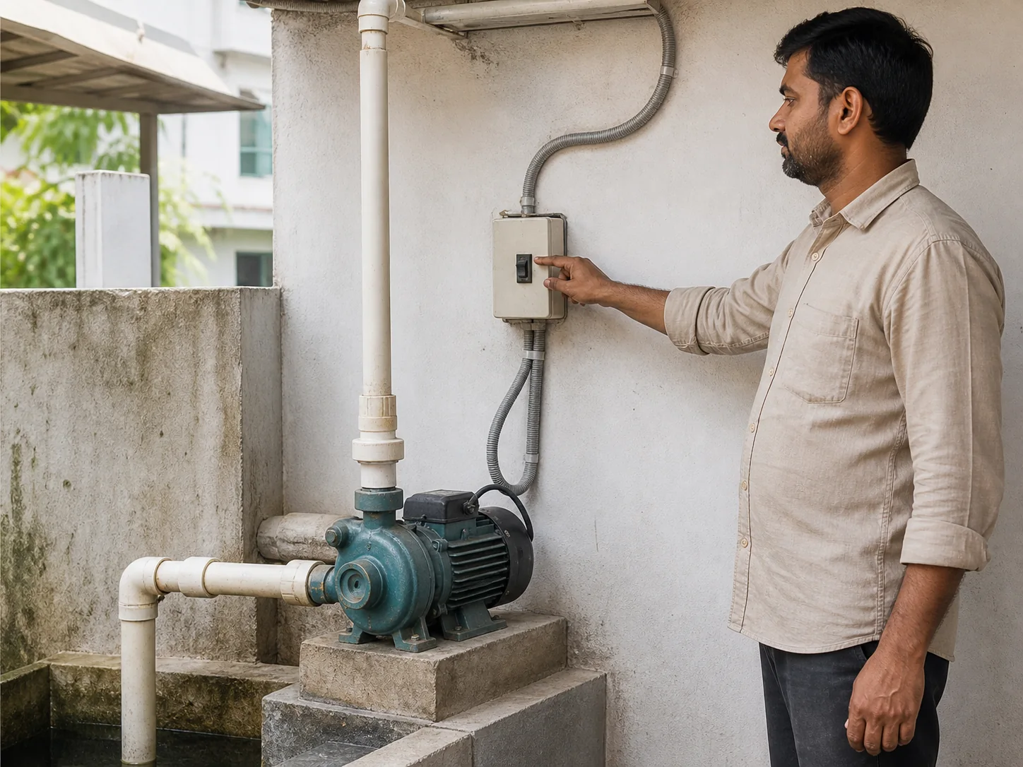 Indian homeowner operating a protected switch beside a connected household water pump